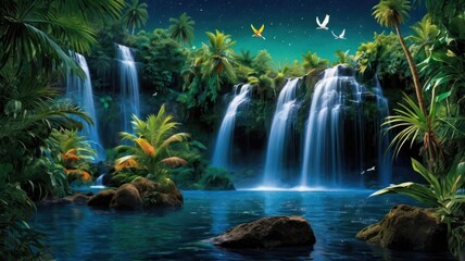 Obraz premium Lush Waterfall Cascades in a Tropical Paradise at Night