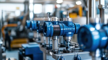 Industrial machinery, precision blue components in a factory