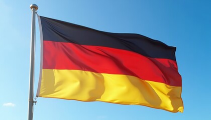 German flag waves proudly against clear blue sky.  National pride and identity, perfect for educational, political, historical, and tourism-related content.