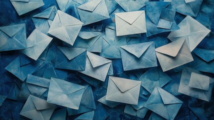 Naklejka premium Many blue envelopes piled together, top view.