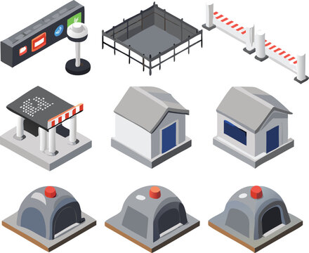 set of vector icons, Isometric Military Base Buildings and Security Structures Icon Set