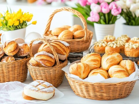 Freshly Baked Bread Rolls and Cupcakes Displayed in Wicker Baskets on Marble Tabletop with Floral Background