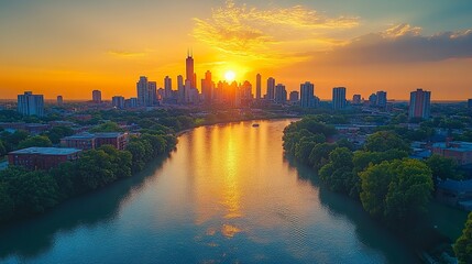 Obraz premium Urban skyline along river bend under golden hour sunlight, modern and historic architecture mix, aerial wide view 