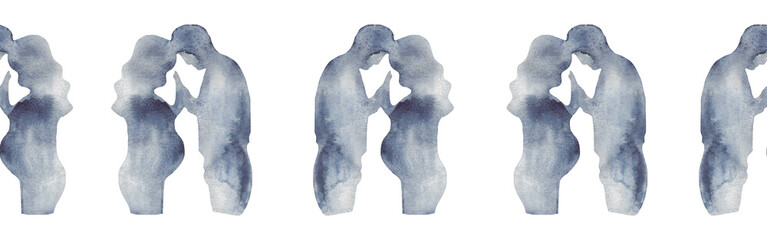 Watercolor border with silhouettes of a family.Brush strokes in the form of blue silhouettes of bear.Silhouette of toy on white background.