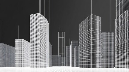 Wireframe city skyline, modern architecture, skyscrapers, urban landscape.