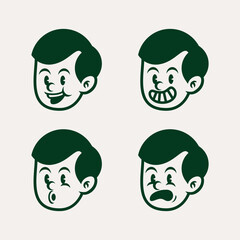Set of 4 retro cartoon boy face expressions in dark green. Classic comic-style emotions: happy, serious, winking, and talking. Perfect for branding, stickers, or vintage design assets.