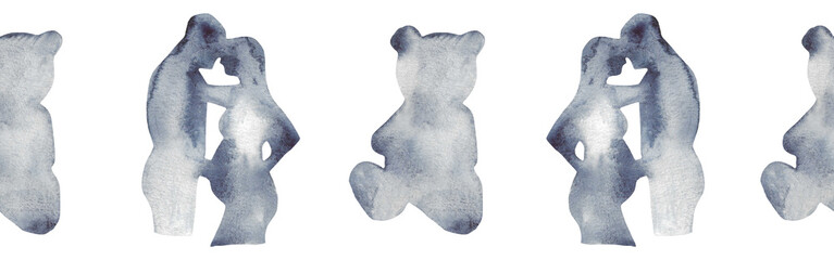 Watercolor border with silhouettes of a family and a toy..Brush strokes in the form of blue silhouettes of bear.Silhouette of toy on white background.