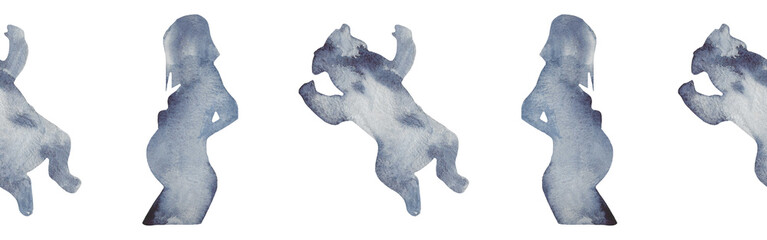 Watercolor border with silhouettes of a pregnant woman and baby.Brush strokes in the form of blue silhouettes of bear.Silhouette of toy on white background.