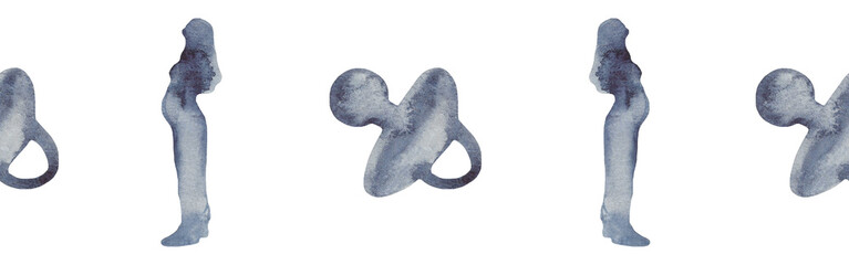 Watercolor border with silhouettes of a pregnant woman and a pacifier.Brush strokes in the form of blue silhouettes of bear.Silhouette of toy on white background.