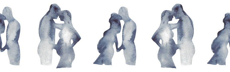 Watercolor border with silhouettes of a family.Brush strokes in the form of blue silhouettes of bear.Silhouette of toy on white background.