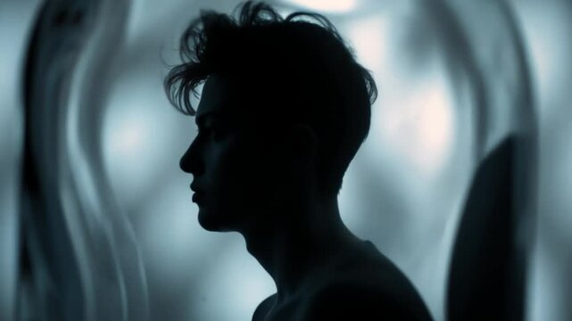 Silhouette Contemplation: A captivating artistic portrait showcases a silhouette of a contemplative individual against an ethereal backdrop, inviting reflection on the human condition.