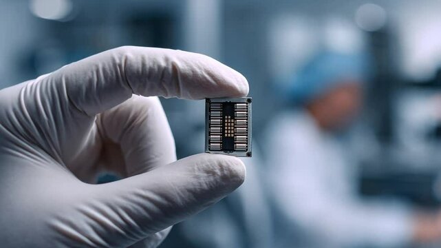 Tech Miniature: A gloved hand delicately holds a high-tech microchip, showcasing cutting-edge technology.