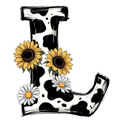 Naklejka premium Cow Print Letter L with Sunflowers and Daisies