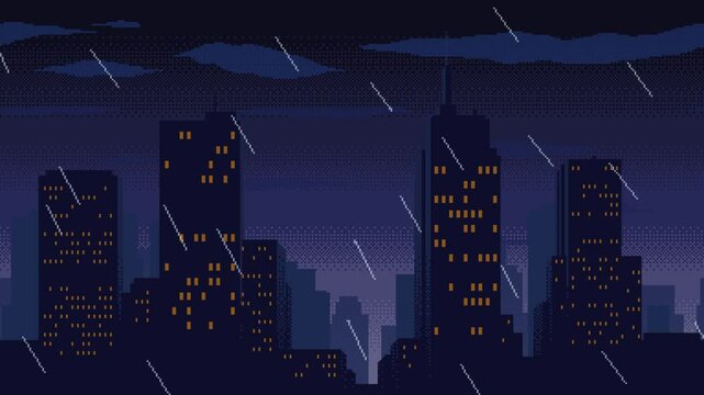 Lightning strikes, floating clouds and rain over city silhouette, pixel art animation. Seamless loop animated video of cityscape in rainy weather. Retro video game style.