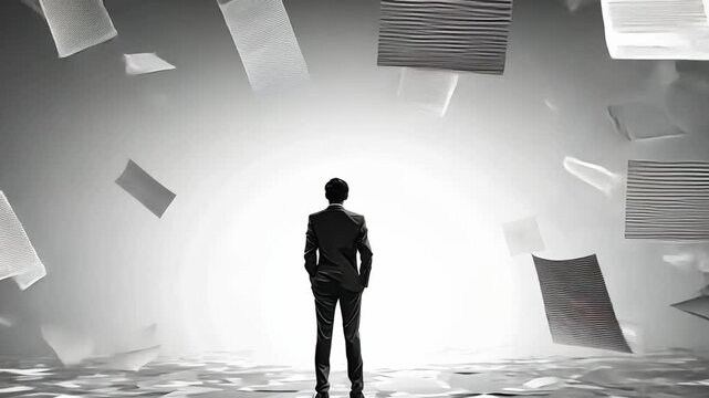Paperwork Overload: A lone figure, lost in a sea of scattered documents, navigates the challenges of overwhelming paperwork in a modern business landscape. 