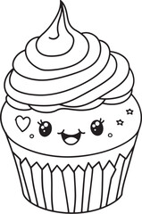 Smiling Cupcake with Hearts Line Art Coloring Page