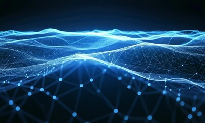 Blue mesh landscape with flowing polygonal waves animation video. Glowing connection points network animated footage clip seamless HD motion graphics. Futuristic digital terrain concept - Powered by Adobe