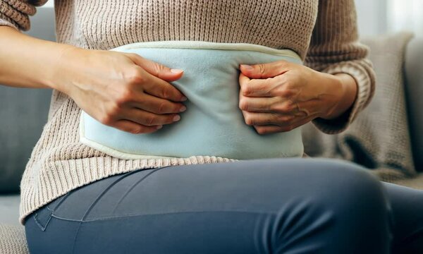 Woman holding heating pad against stomach for pain relief