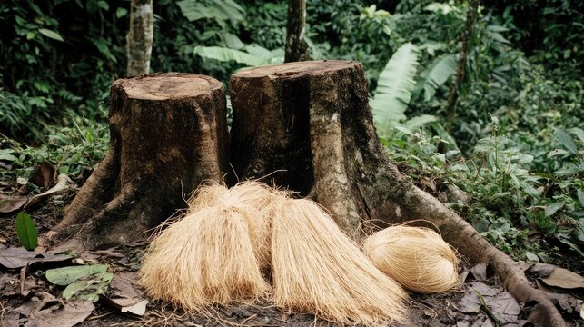 Bundles of sisal, jute, and kenaf fibers beside tree stumps