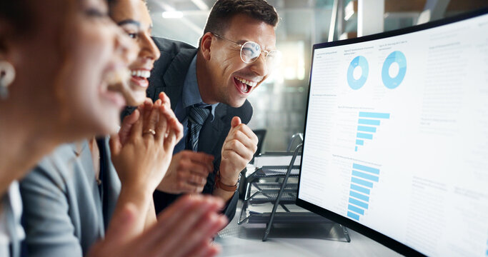 Computer screen, graph or excited business people in office for data analytics, finance and sale profit celebration. Startup, success or accounting team with chart, statistics and website traffic win
