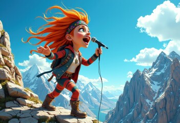 Obraz premium A vibrant animated girl with red hair singing into a microphone on mountain terrain
