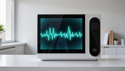 Futuristic AI heart monitoring device displaying cardiac waves, digital wellness