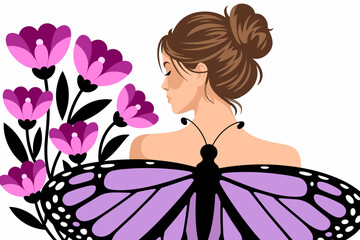 Girl with Butterfly Wings and Pink Flowers – Feminine Fantasy Illustration

