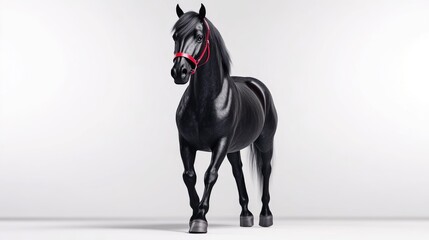 Black Horse with Red Bridle, Minimalist Style, High-Definition Render, Front View, Glossy Coat, Standing Pose, Studio Setting, Dark Moody Tones, Ideal for Equestrian Ads