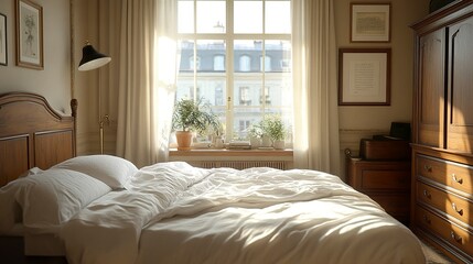Wooden bedroom with bed and linens, beige walls and window with a city view. 