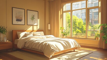 Wooden bedroom with bed and linens, beige walls and window with a city view.  
