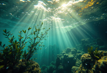 Fototapeta premium Underwater scene with sunlight penetrating the ocean surface and illuminating coral reefs and aquatic plants