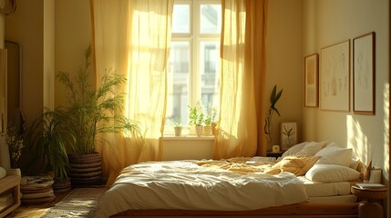 Wooden bedroom with bed and linens, beige walls and window with a city view. 