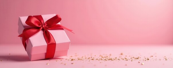 Pink present, red ribbon, gold glitter, pink backdrop, holiday design , background, festive, gift