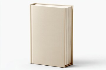 Beige-colored hardback book, blank cover, upright position, simple design, against a white background, showcasing book's structure, smooth texture, classic style