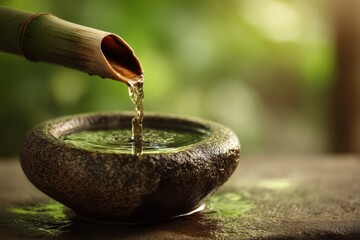 Close-up of a traditional bamboo water fountain, pouring water into a stone basin, set against a blurred green background, creating a zen-like atmosphere and promoting relaxation.