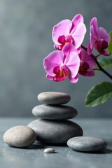Fototapeta premium Polished stones, orchid blossoms, elegant grey setting, stock photo, nature, beauty