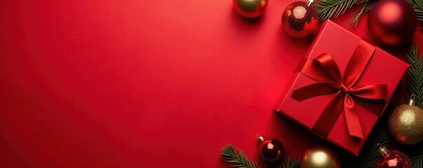 Red Christmas background, gift box with red ribbon, gold & red baubles, flat lay , red, gold