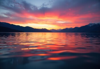 Obraz premium Vibrant sunset over calm mountain lake with colorful sky and reflective water