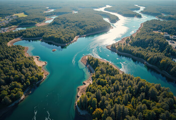 Aerial view of a winding river flowing through lush green forests and rolling hills