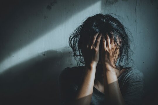 A distraught woman covering her face with her hands, depicting sadness, depression, and mental health issues in a dimly lit, emotional environment inside.