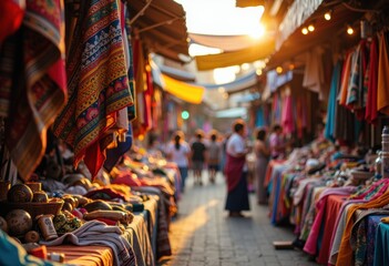 Obraz premium Vibrant outdoor market with colorful textiles and handicrafts at sunset
