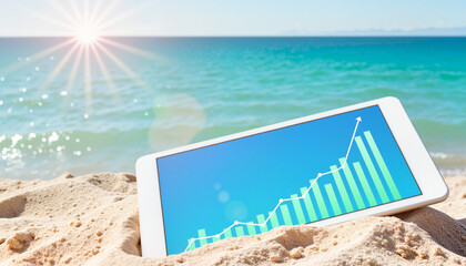 Electric blue bar chart on tablet with sand dune, digital investment concept