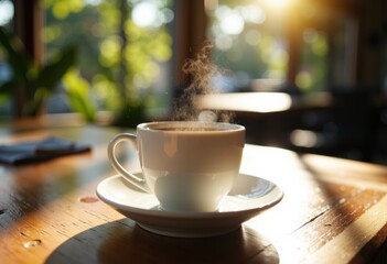 Fototapeta premium Steaming hot coffee cup on a wooden table with sunlight streaming through a window