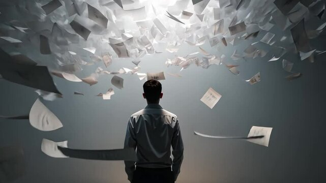 Paperwork Overload: A lone individual stands beneath a chaotic swirl of paperwork, symbolizing the stress and complexity of administrative burden. Capturing the challenge of documentation overload.
