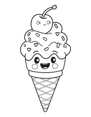Kawaii Ice Cream with Cherry – Cute Dessert Coloring Page