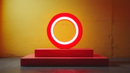 Red luminous circle on a tiered platform against a mustard backdrop
