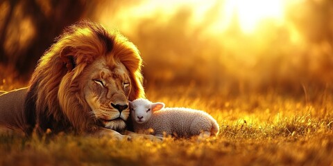 lion and lamb - symbols of faith in the strong protecting the weak