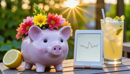 Ceramic piggy bank with floral crown beside lemonade and tablet showing financial data, Concept of Personal Finance and Summer Savings