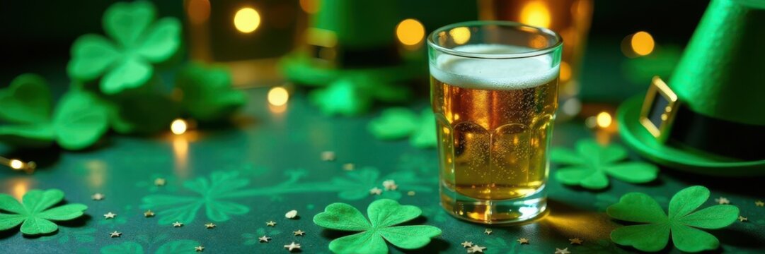 St Patrick's Day themed party glasses & decorations, overhead shot , decorations, holiday, festive