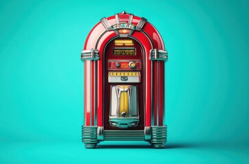 A stylized 1960s jukebox artwork with bright red and chrome details